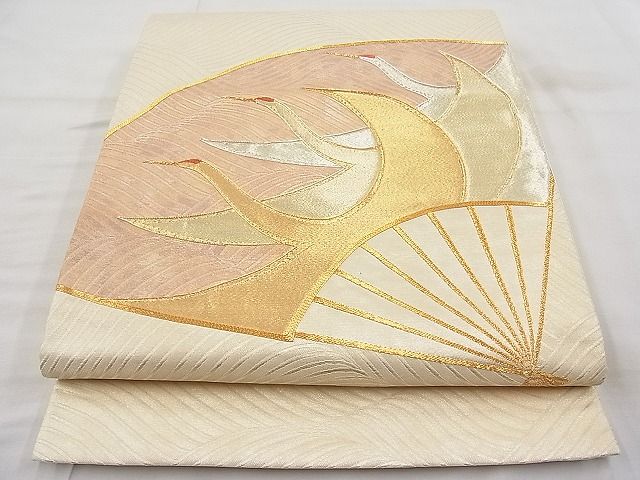 平和屋着物◎太鼓柄袋帯 駒刺繍 扇面飛鶴文 金銀糸 逸品 BAAI1201sa