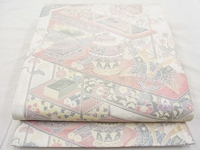 平和屋着物◎佐賀錦 六通柄袋帯 違い棚器物文様 900織 金銀糸 逸品 BAAI1191sa