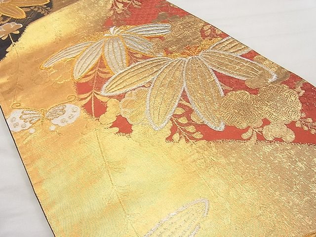 平和屋着物◎六通柄袋帯 唐織 舞蝶笹梅文 金銀糸 逸品 BAAI1216sa