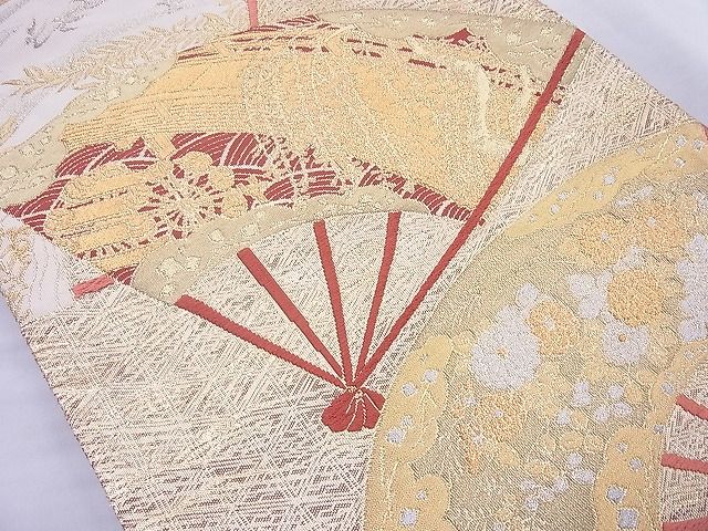 平和屋着物◎佐賀錦 太鼓柄袋帯 扇面散らし 金銀糸 逸品 BAAH6163cm