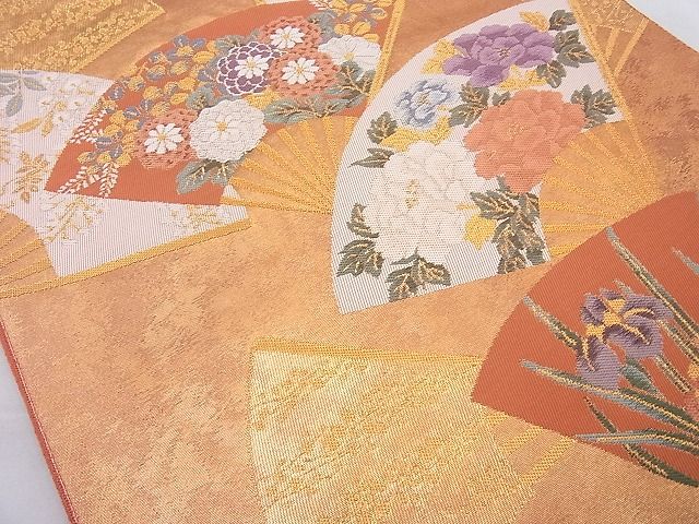 平和屋着物◎六通柄袋帯 唐織 扇面散らし花文 金糸 三越扱い 逸品 BAAI4050cm