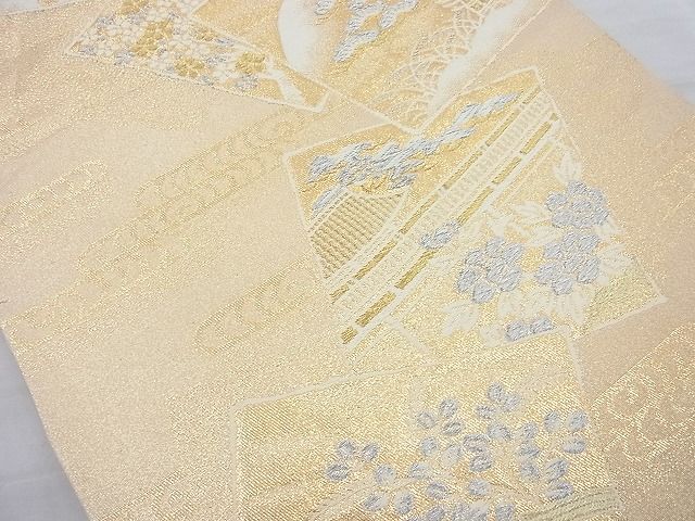 平和屋着物◎六通柄袋帯 唐織 色紙散らし風景文 金糸 逸品 BAAI4078cm