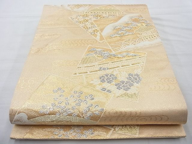 平和屋着物◎六通柄袋帯 唐織 色紙散らし風景文 金糸 逸品 BAAI4078cm