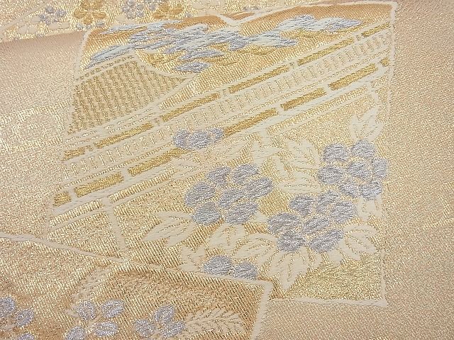 平和屋着物◎六通柄袋帯 唐織 色紙散らし風景文 金糸 逸品 BAAI4078cm