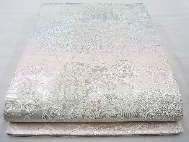 平和屋着物◎六通柄袋帯 唐織 孔雀扇面花文 銀糸 逸品 BAAI4135cm
