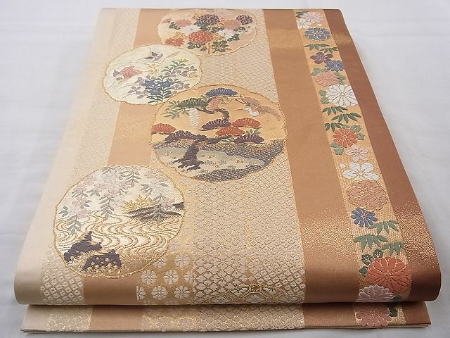 平和屋着物◎六通柄袋帯 唐織 花蝶間道 金糸 逸品 BAAI4123cm