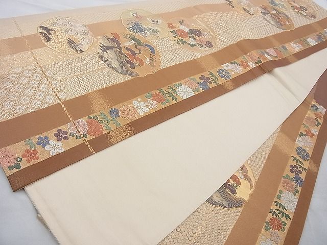 平和屋着物◎六通柄袋帯 唐織 花蝶間道 金糸 逸品 BAAI4123cm