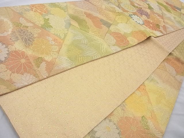 平和屋着物◎佐賀錦 六通柄袋帯 切嵌草花文 金糸 逸品 BAAI4150cm