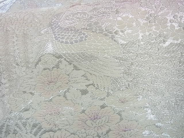 平和屋着物◎六通柄袋帯 唐織 孔雀扇面花文 銀糸 逸品 BAAI4135cm