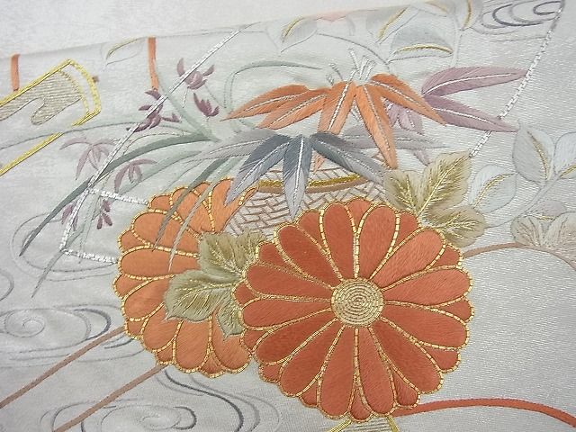 平和屋着物◎太鼓柄袋帯 総刺繍 駒刺繍 花絵巻 金銀糸 逸品 BAAI4138cm