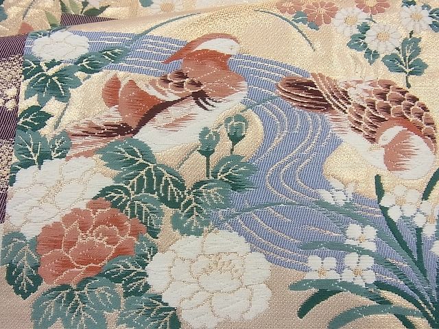 平和屋着物◎六通柄袋帯 唐織 色紙花鳥紋 金糸 逸品 BAAI4149cm