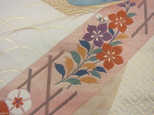 平和屋着物◎六通柄袋帯 唐織 能衣 菊撫子桔梗籠文様 金糸 逸品 BAAI4160cm