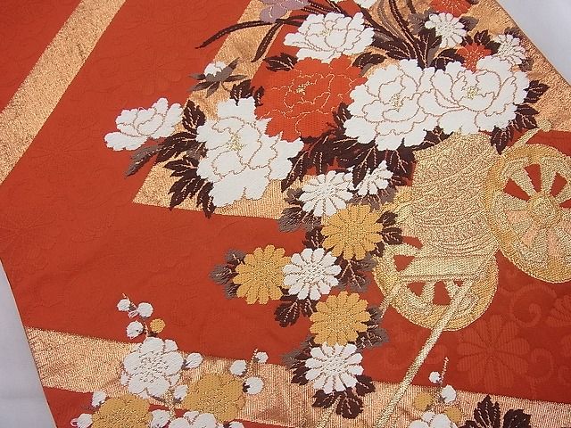 平和屋着物◎六通柄袋帯 唐織 慶長花車文 金糸 逸品 BAAI6272cm