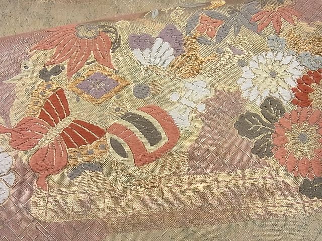 平和屋着物◎六通柄袋帯 唐織 ヱ霞宝尽くし花蝶文 金糸 逸品 BAAI6317cm