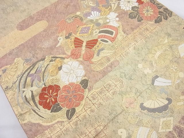 平和屋着物◎六通柄袋帯 唐織 ヱ霞宝尽くし花蝶文 金糸 逸品 BAAI6317cm