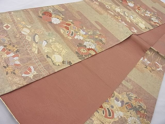 平和屋着物◎六通柄袋帯 唐織 ヱ霞宝尽くし花蝶文 金糸 逸品 BAAI6317cm