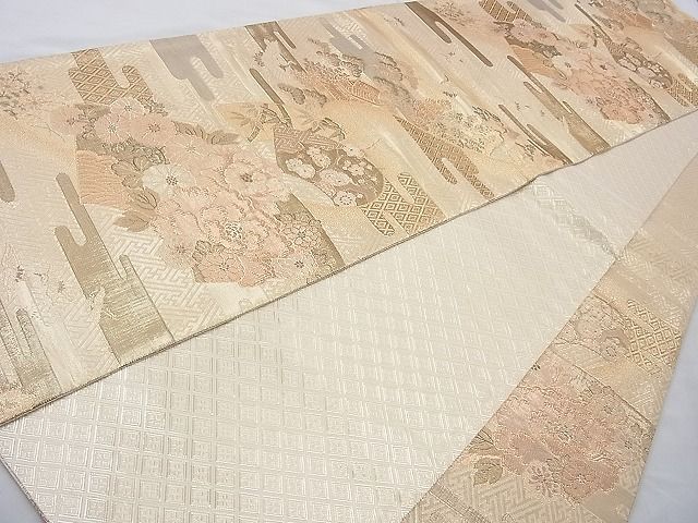 平和屋着物◎六通柄袋帯 ヱ霞地紙花文 金糸 逸品 BAAI6339cm