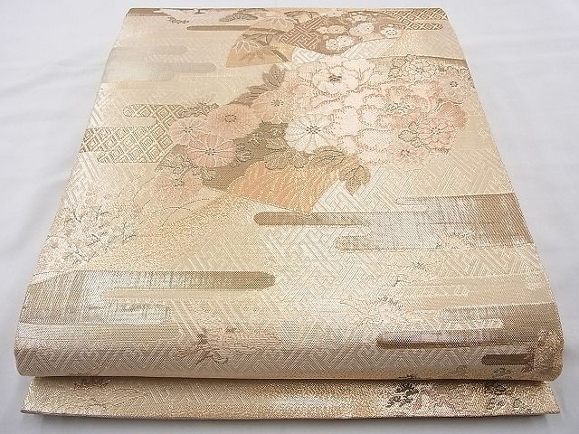 平和屋着物◎六通柄袋帯 ヱ霞地紙花文 金糸 逸品 BAAI6339cm