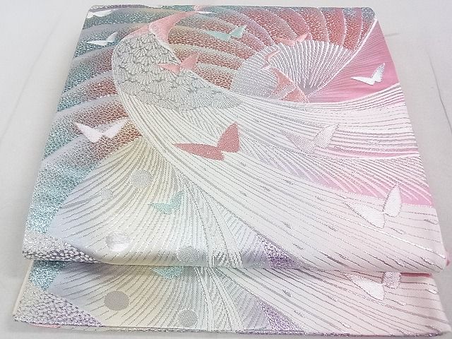 平和屋着物◎六通柄袋帯 孔雀舞蝶文 銀糸 逸品 DAAG0447ox