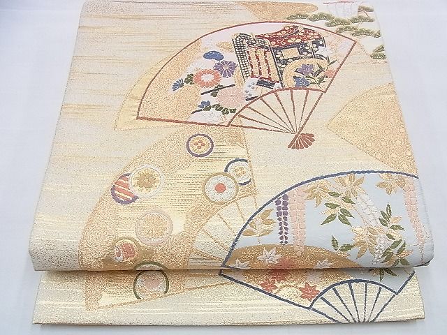 平和屋着物◎六通柄袋帯 唐織 扇面散らし 金糸 逸品 BAAH4665th