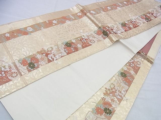 平和屋着物◎六通柄袋帯 唐織 御所車花間道 金糸 逸品 BAAH4683th