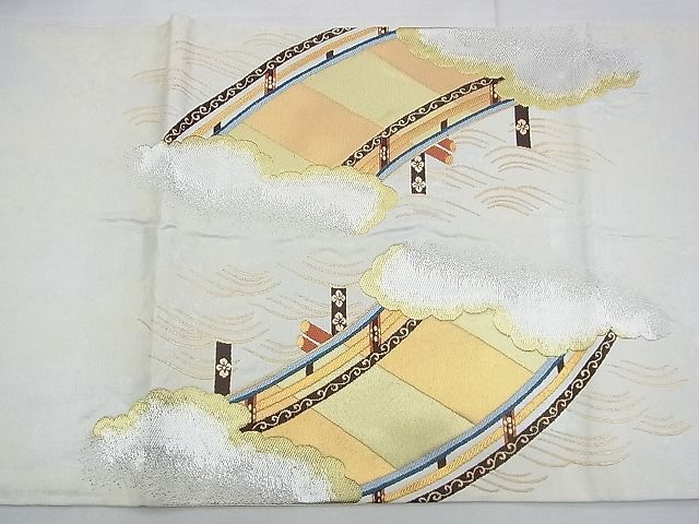 平和屋着物◎太鼓柄袋帯 唐織 雲隠れ渡橋文様 金糸 逸品 BAAH4744th