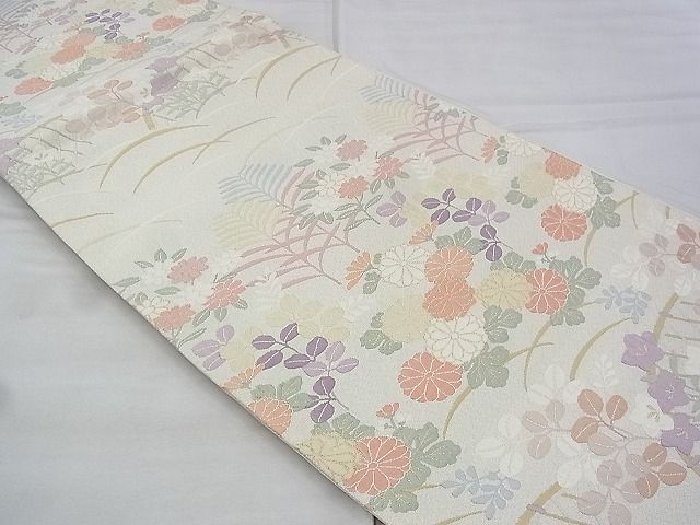 平和屋着物◎六通柄袋帯 ふくれ織り 秋草文 金銀糸 逸品 BAAI2628th