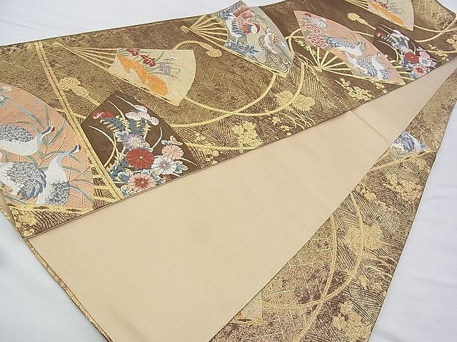 平和屋着物◎六通柄袋帯 唐織 扇面花鳥文 金糸 逸品 BAAI2632th