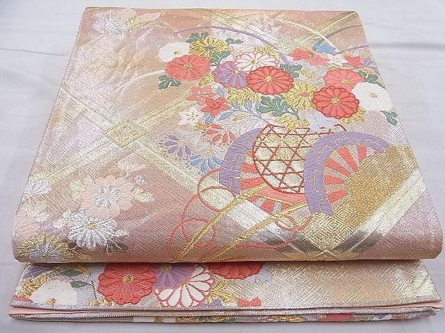 平和屋着物◎六通柄袋帯 唐織 菱天井舞蝶花車文 金銀糸 逸品 BAAI3812ea