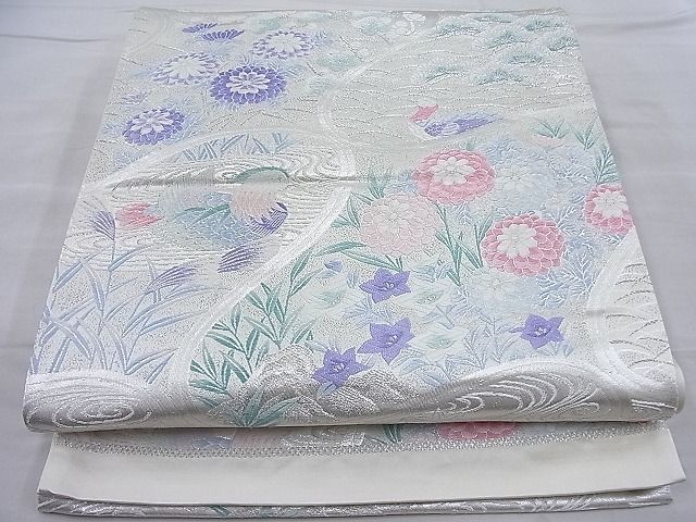 平和屋着物◎六通柄袋帯 唐織 変り網目花鳥文 銀糸 逸品 BAAI3897ea