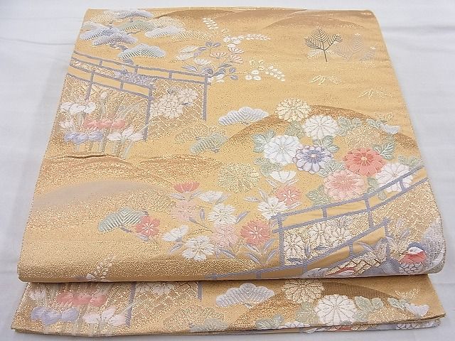 平和屋着物◎六通柄袋帯 唐織 流水鴛鴦花文 金糸 逸品 BAAI3903ea
