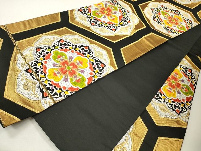平和屋着物◎六通柄袋帯 じょうひん錦 正倉院亀甲花文 黒地 金銀糸 逸品 CAAG2411eg