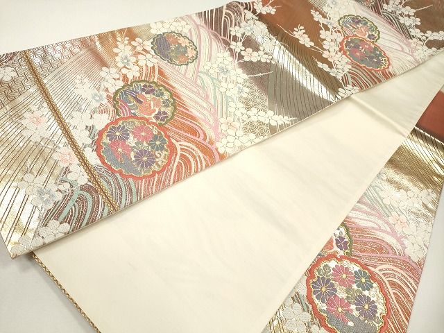 平和屋着物◎六通柄袋帯 唐織 流水雪輪花鳥文 金銀糸 逸品 CAAG2392eg
