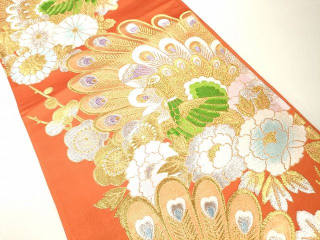 平和屋着物◎六通柄袋帯 唐織 孔雀花文 金銀糸 逸品 CAAG2418eg