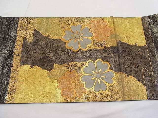 平和屋着物◎太鼓柄袋帯 雪輪舞桜文 黒地 金彩 引箔 逸品 BAAI1279sa