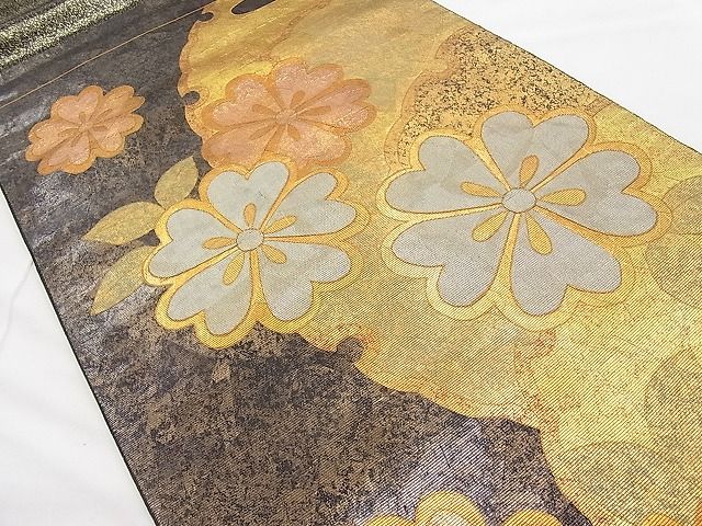平和屋着物◎太鼓柄袋帯 雪輪舞桜文 黒地 金彩 引箔 逸品 BAAI1279sa