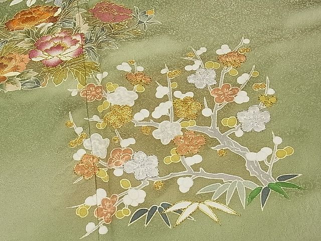 平和屋本店●極上 野口彦太郎 大彦三代目 江戸染繍友禅 色留袖 駒刺繍 草花文 暈し染め 高島屋扱い 柳茶色地 逸品 CYAA0511s4