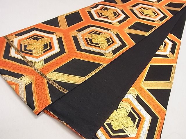 平和屋着物◎六通柄袋帯 唐織 亀甲花文 黒地 金銀糸 逸品 DAAH0271ya
