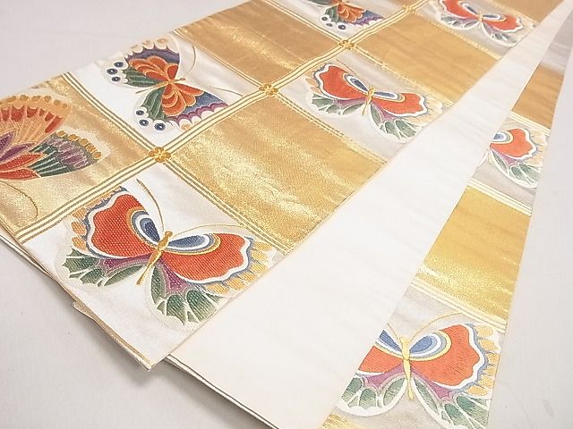 平和屋着物◎六通柄袋帯 唐織 格子彩蝶文 金彩 逸品 DAAH0259ya