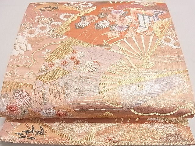 平和屋着物◎六通柄袋帯 御所車扇面花文 金糸 逸品 DAAH0294ya