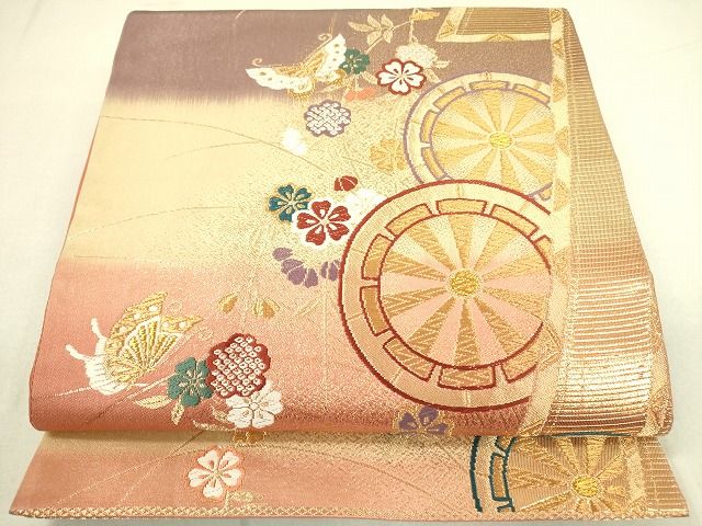 平和屋着物◎六通柄袋帯 唐織 源氏車舞蝶花文 金糸 逸品 DAAH4671yyy