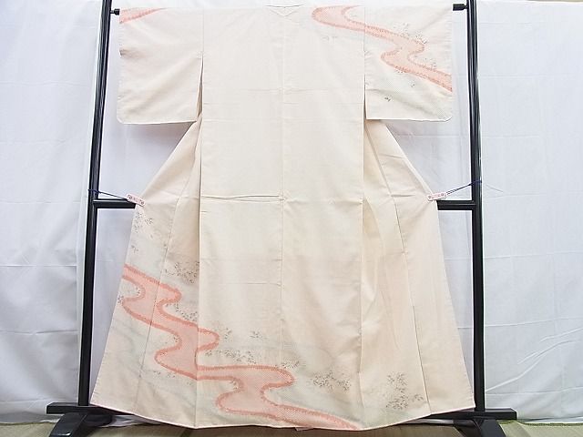 平和屋着物■訪問着 紬地 手描き 絞り 流水牡丹文 逸品 BAAI1518pk