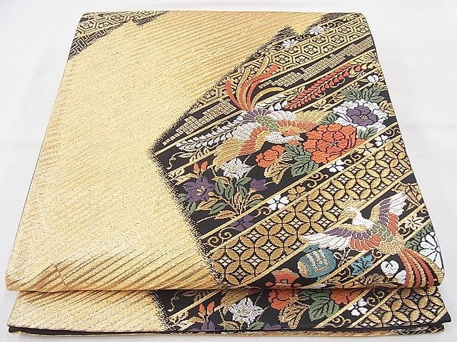 平和屋着物◎六通柄袋帯 唐織 鳳凰松皮菱花文 黒地 金銀糸 逸品 BAAI2030ns