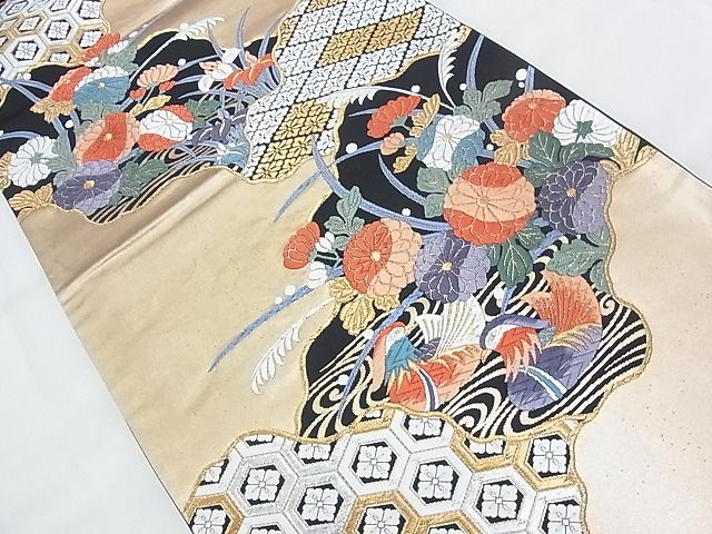 平和屋着物◎六通柄袋帯 唐織 流水鴛鴦花文 黒地 金銀糸 逸品 BAAI6573ns