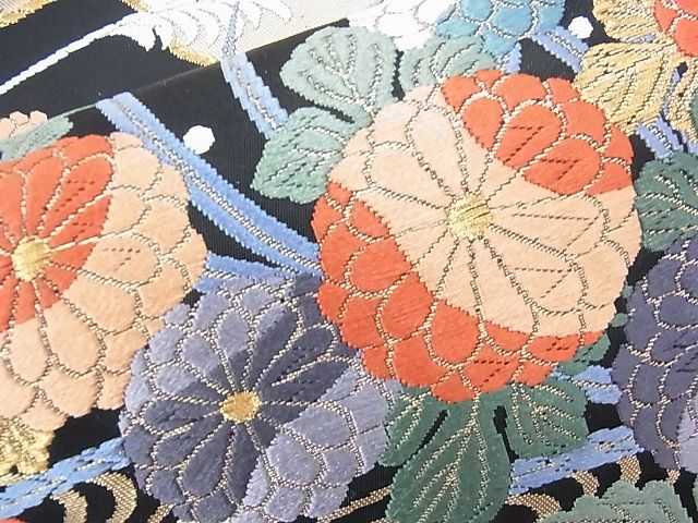 平和屋着物◎六通柄袋帯 唐織 流水鴛鴦花文 黒地 金銀糸 逸品 BAAI6573ns