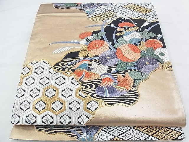 平和屋着物◎六通柄袋帯 唐織 流水鴛鴦花文 黒地 金銀糸 逸品 BAAI6573ns