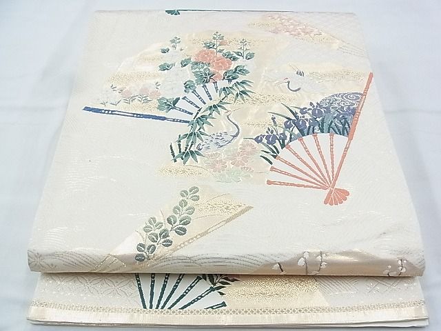 平和屋着物◎六通柄袋帯 唐織 飛鶴扇面草花文 金糸 逸品 BAAI9921ns