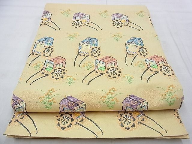 平和屋着物◎太鼓柄袋帯 御所車秋草文 金糸 逸品 BAAI0478if