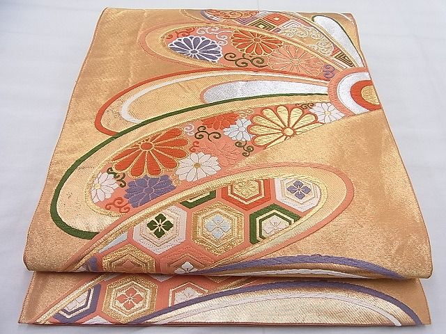 平和屋着物◎六通柄袋帯 唐織 捻菊有職文 金銀糸 逸品 BAAI0500if