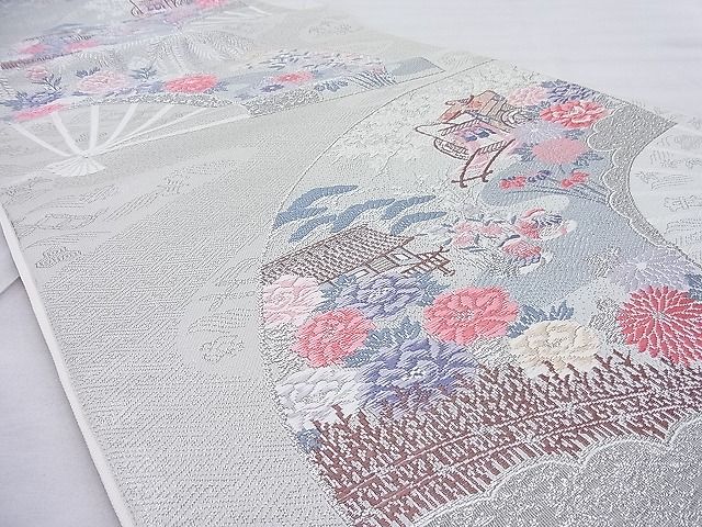 平和屋着物◎六通柄袋帯 重ね扇花鳥文 全プラチナ箔 逸品 BAAI5408if